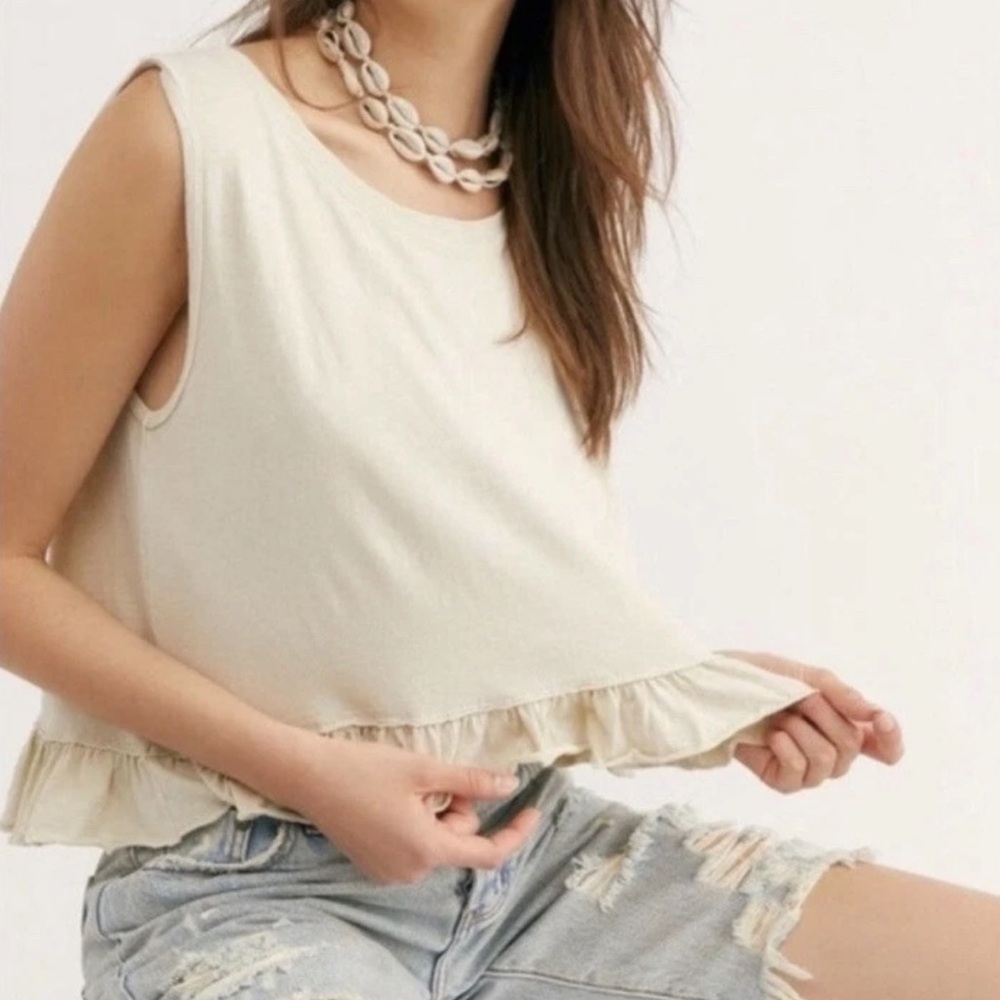 FREE PEOPLE WE THE FREE ELLIE CROPPED RUFFLED HEM TANK TOP Light Blue XS